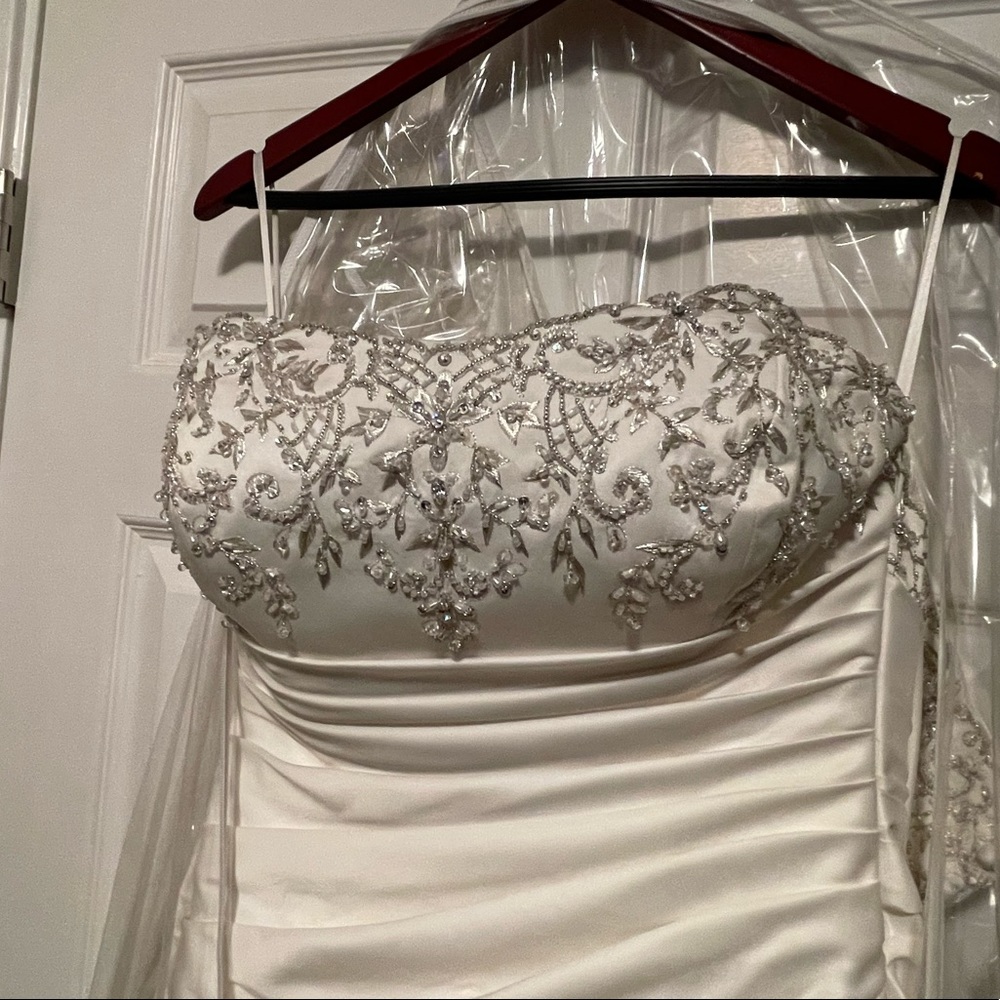 Wedding dress, beaded with buttons down the back and a train. Rouging on side